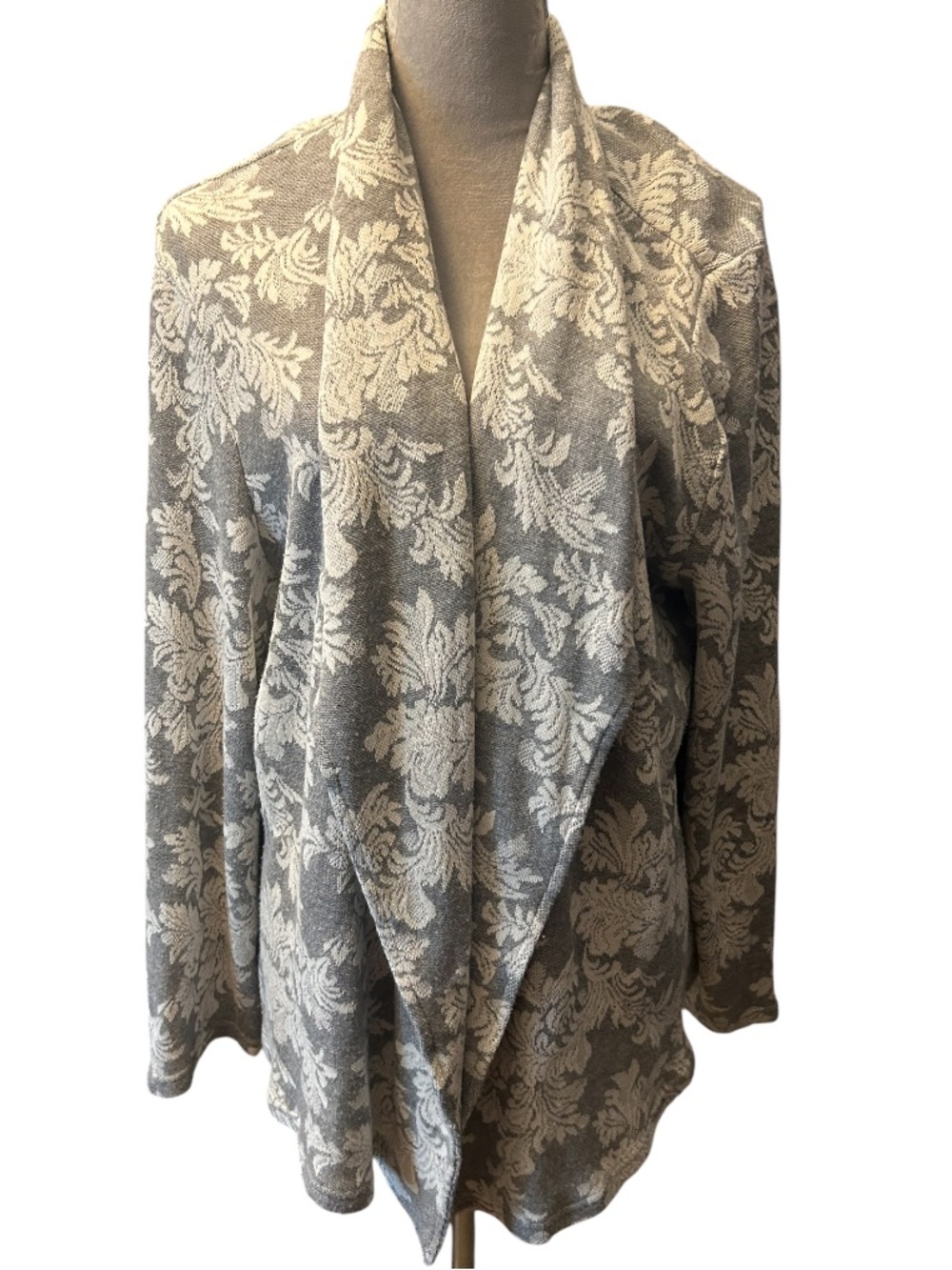 Chico's Heather Gray Cardigan with Cream Floral Trim